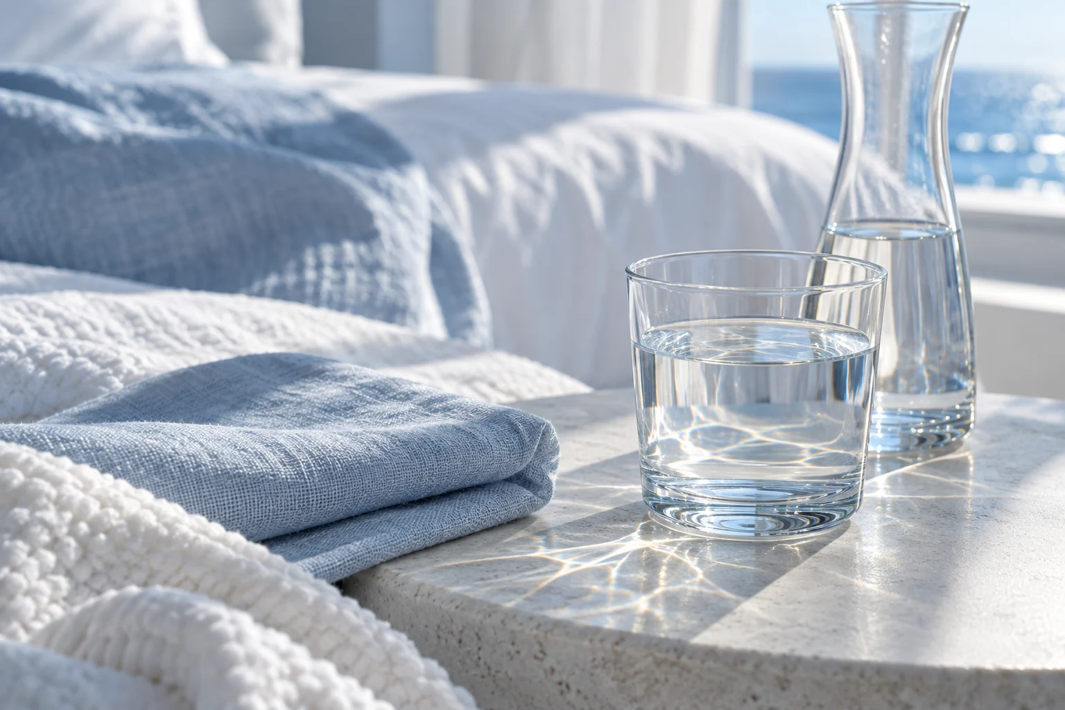 A glass of water and carafe beside folded blue linen in soft daylight